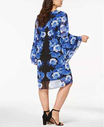 INC International Concepts Plus Size Printed Tiered-Sleev Ghost Rose 0X