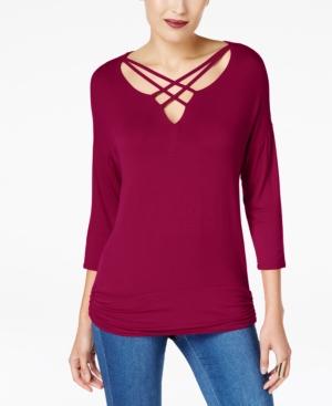 Thalia Sodi V-Neck Lattice-Trim 3/4 Sleeve Top Napa Wine L
