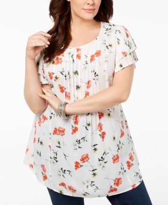 Style & Co Plus Floral Printed Pintuck Pleated-Sleeve Blouse, Paradise Blooms 3X