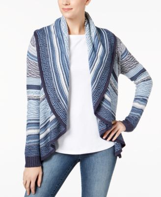 Charter Club Petite Shawl-Collar Open-Front Sweater Intrpd Blue Cmb P/L