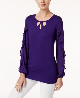 Alfani Petite Ruffle-Sleeve Keyhole Sweater Purple Royale PM