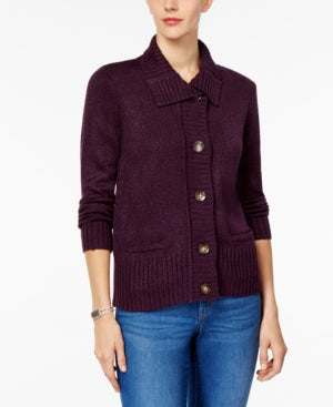 Karen Scott Petite Wing-Collar Cardigan Purple Marled knit P/XS