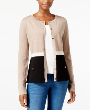 Karen Scott Petite Colorblocked Cardigan, Brown P/XS