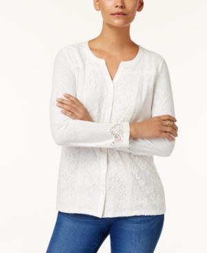 Style Co Petite Lace Button-Front Top Winter White PM