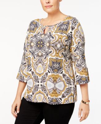 Charter Club Womens Plus Printed Keyhole Blouse Sahara Gold 2X