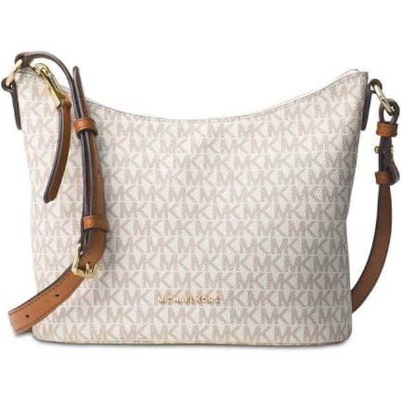 Michael Kors Womens Lupita Signature Leather Messenger Handbag Ivory Med