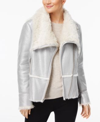 INC International Concepts Petite Faux-Suede Aviator Jacket with Faux-Fur Trim, Silver Multiple Sizes