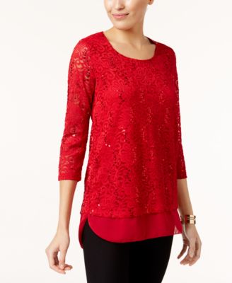 JM Collection Lace Sequin Top New Red Amore S