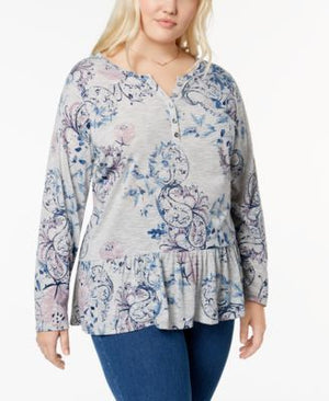 Style & Co. Womens Plus Floral Printed Ruffled Hem Henley Top, Sketchbook