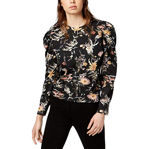 bar III Womens Puffed Sleeve Floral Print Sweatshirt Black XL