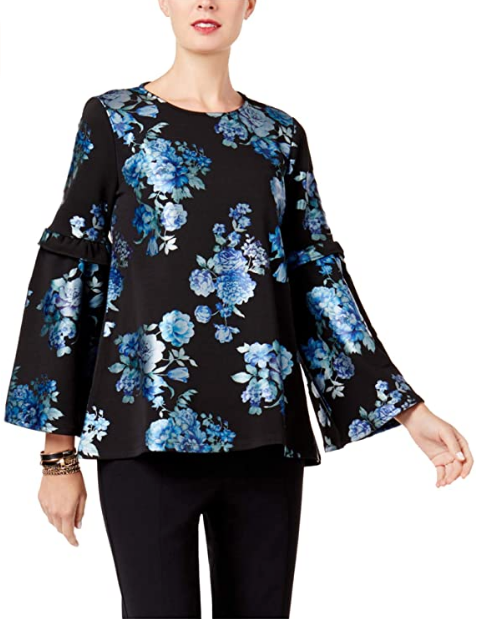Alfani Floral-Print Top Teal Garden P/M