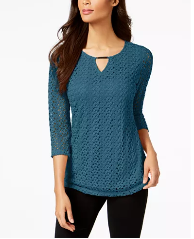 JM Collection Crochet-Lace Keyhole Top Navy L