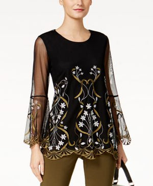 Alfani Embroidered Illusion Top Deep Black M