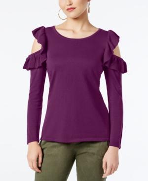 INC International Concepts Petite Ruffled Cold-Shoulder S Potent Purple PM