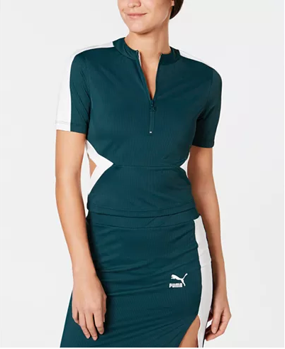 Puma Classics Ribbed Cut-Out Half-Zip Cropped Top Size S