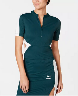Puma Classics Ribbed Cut-Out Half-Zip Cropped Top Size S