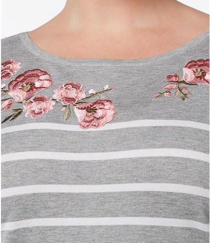 Karen Scott Plus Size Embroidered Striped Smoke Grey Heather 3X