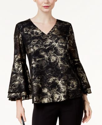 Alfani Novelty Foil Poet-Sleeve Blouse Deep Black Multiple Sizes