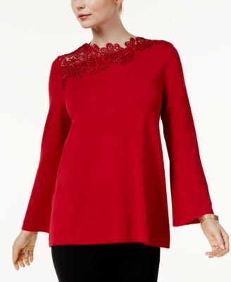 Alfani Asymmetrical Lace-Trim Sweater Banner Red L
