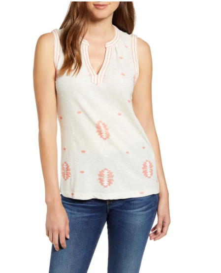 Lucky Brand Embroidered Split-Neck Top