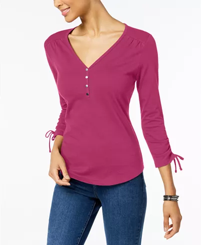 Karen Scott Petite Cotton Cinched-Sleeve Henley Top Steel Rose PL