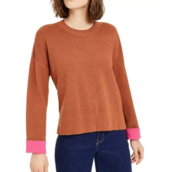 Bar III Becca Tilley x Contrast-Cuff Crewneck Sweater Size M