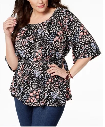 Style Co Plus Size Printed Off-The-Shou Vintage Fields Black 3X