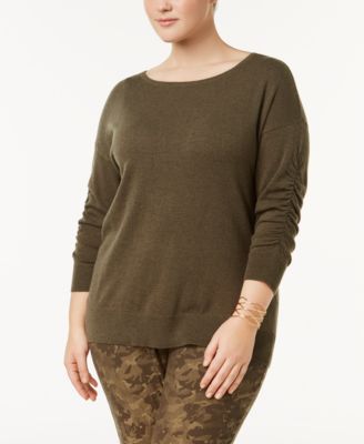 INC International Concepts Plus Size Ruched-Sleeve Sweate Olive Drab 3X
