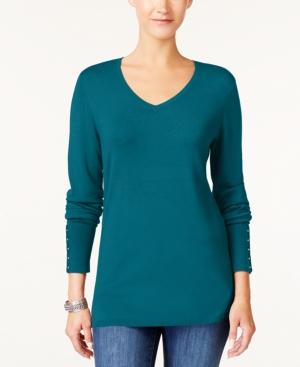 JM Collection Rivet-Detail V-Neck Sweater Teal Light S