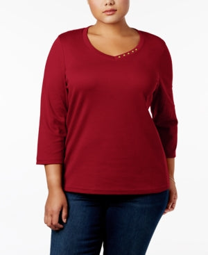 Karen Scott Plus Size Cotton Button-Trim V New Red Amore 1X