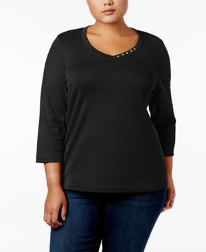 Karen Scott Plus Size Cotton Button-Trim V Peony Coral 1X
