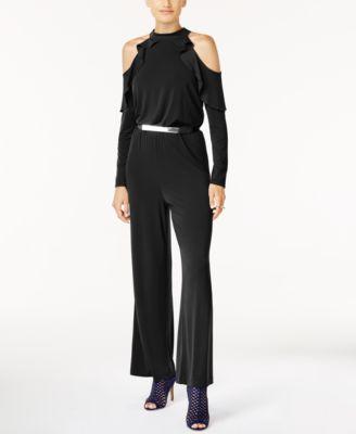 Thalia Sodi Belted Cold-Shoulder Jumpsuit Deep Black XS