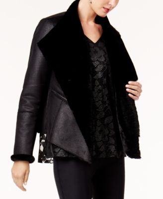 Alfani Petite Faux-Shearling-Lined Moto Jacket Deep Black P/S