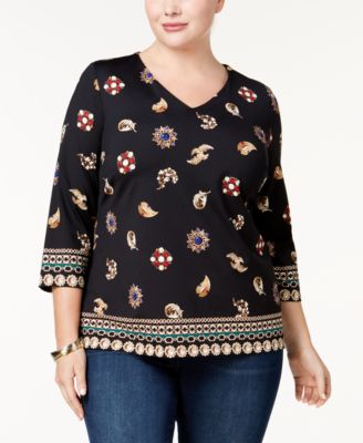 Charter Club Plus Size Printed Top Deep Black Combo 2X