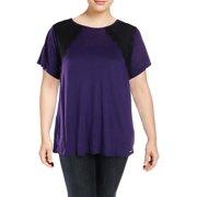 Michael Kors Plus Size Lace-Trim T-Shirt PURPLE 2X
