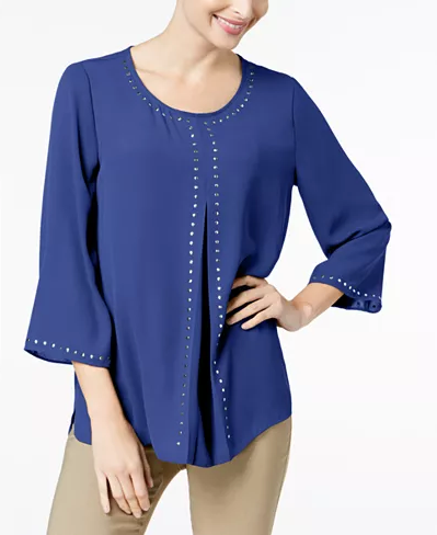 JM Collection Stud-Trim Inverted Pleat Top, Navy L