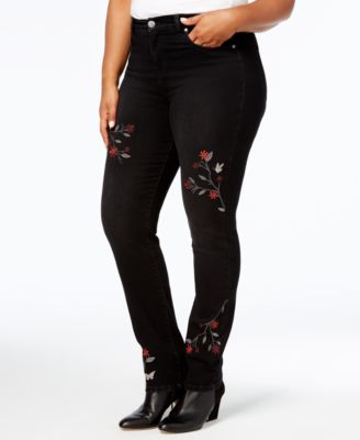 Style & Co Plus Size Tummy-Control Embroidered Skinny Jeans, Black Rinse 18W