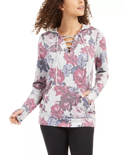 Ideology Floral-Print Lace-Up Hoodie Size S