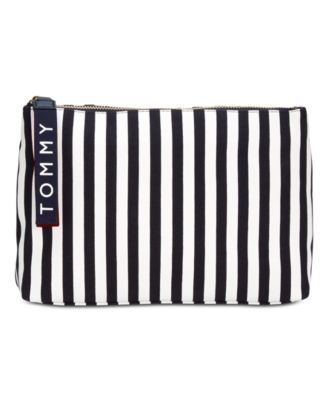 Tommy Hilfiger Womens Canvas Striped Pouch Bag Navy White