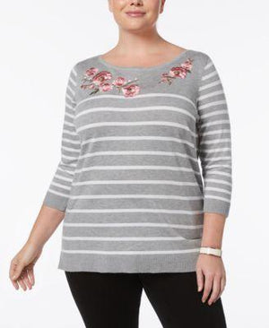 Karen Scott Plus Size Embroidered Striped Smoke Grey Heather 3X