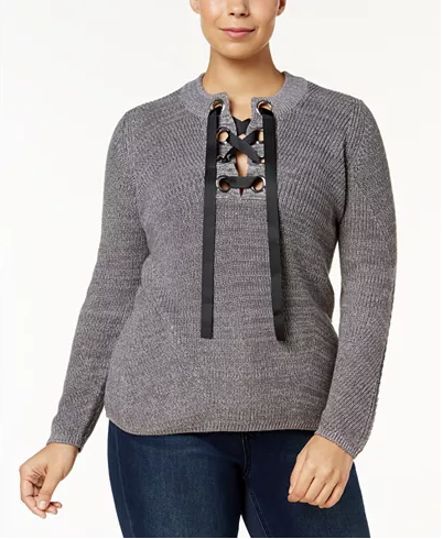 INC International Plus Size Lace-Up-Neck Sweater Medium Heather 3X