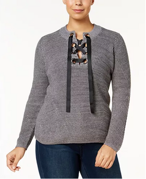 INC International Plus Size Lace-Up-Neck Sweater Medium Heather 3X