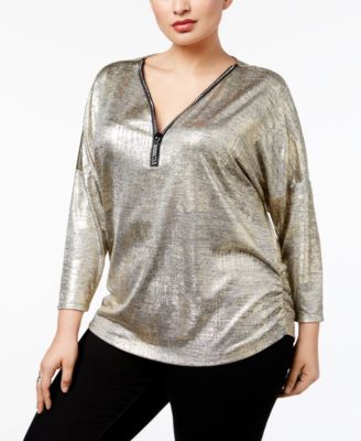 JM Collection Plus Size Metallic Top, Silver Disco Dot