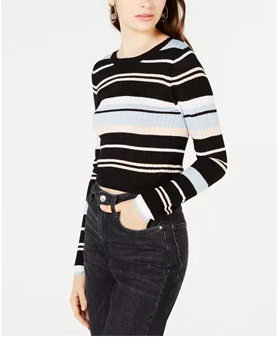 Material Girl Juniors' Striped Rib-Knit Cropped Sweater Size L