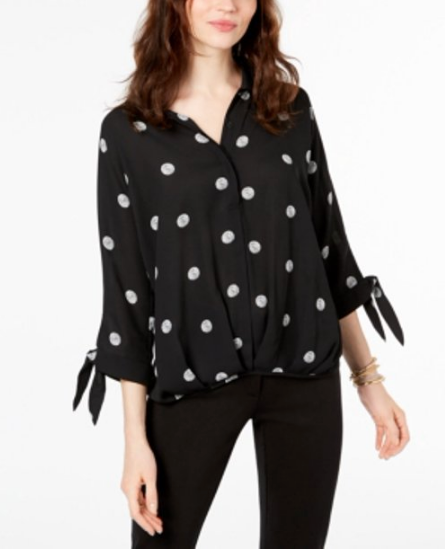 Alfani Polka-Dot Tie-Cuff Blouse Black Stitch Dot S