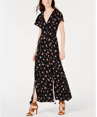 american rag black floral dress American Rag - Button Up Hi-Low Dress - sz XS -Black Floral - Tie Waist
