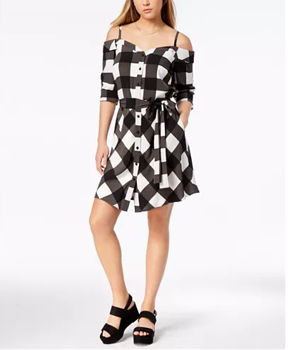 Bar III Plaid Off-The-Shoulder Dress Iconic Plaid L