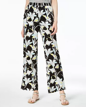 Bar III Printed Wide-Leg Pull-On Pants Black