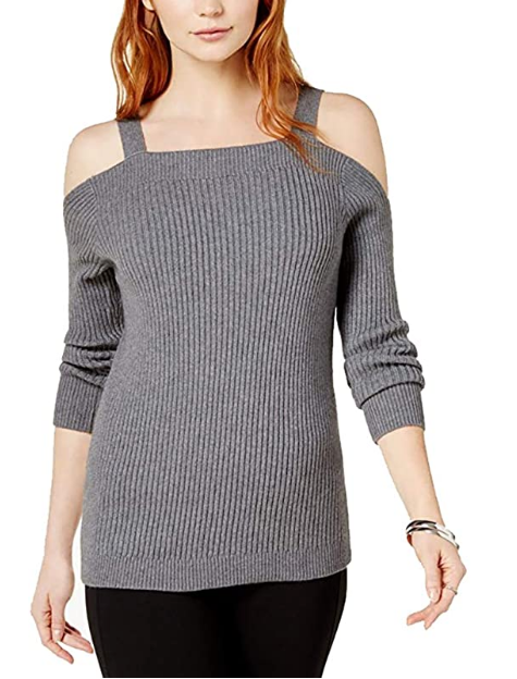 Bar III Ribbed Cold-Shoulder Sweater Steel Heather Grey S