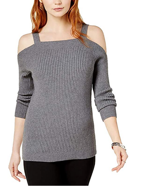 Ribbed cold shoulder best sale sweater